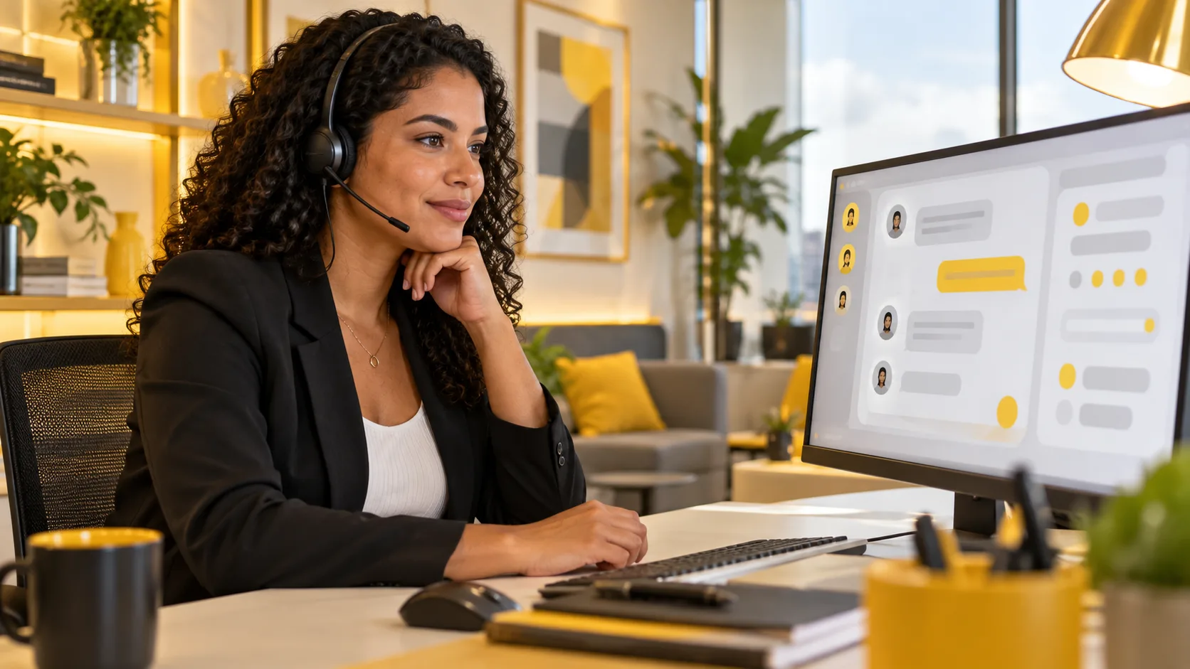Atendente com fone de ouvido acompanhando no monitor várias conversas de atendimento em um escritório claro
