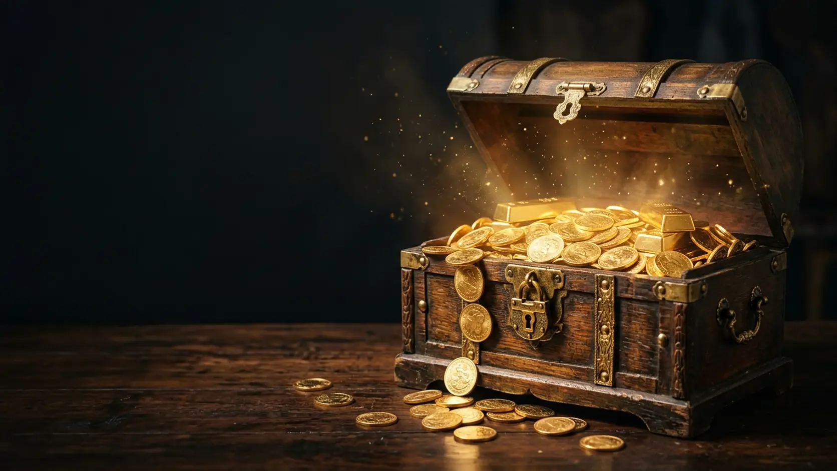 Baú de tesouro antigo aberto, transbordando moedas e barras de ouro sob uma luz dourada