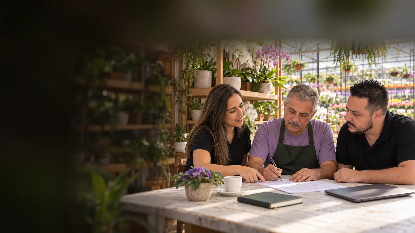 Léo e Lari preenchem um briefing em papel com o dono de uma floricultura, em mesa rodeada de orquídeas e com a estufa ao fundo