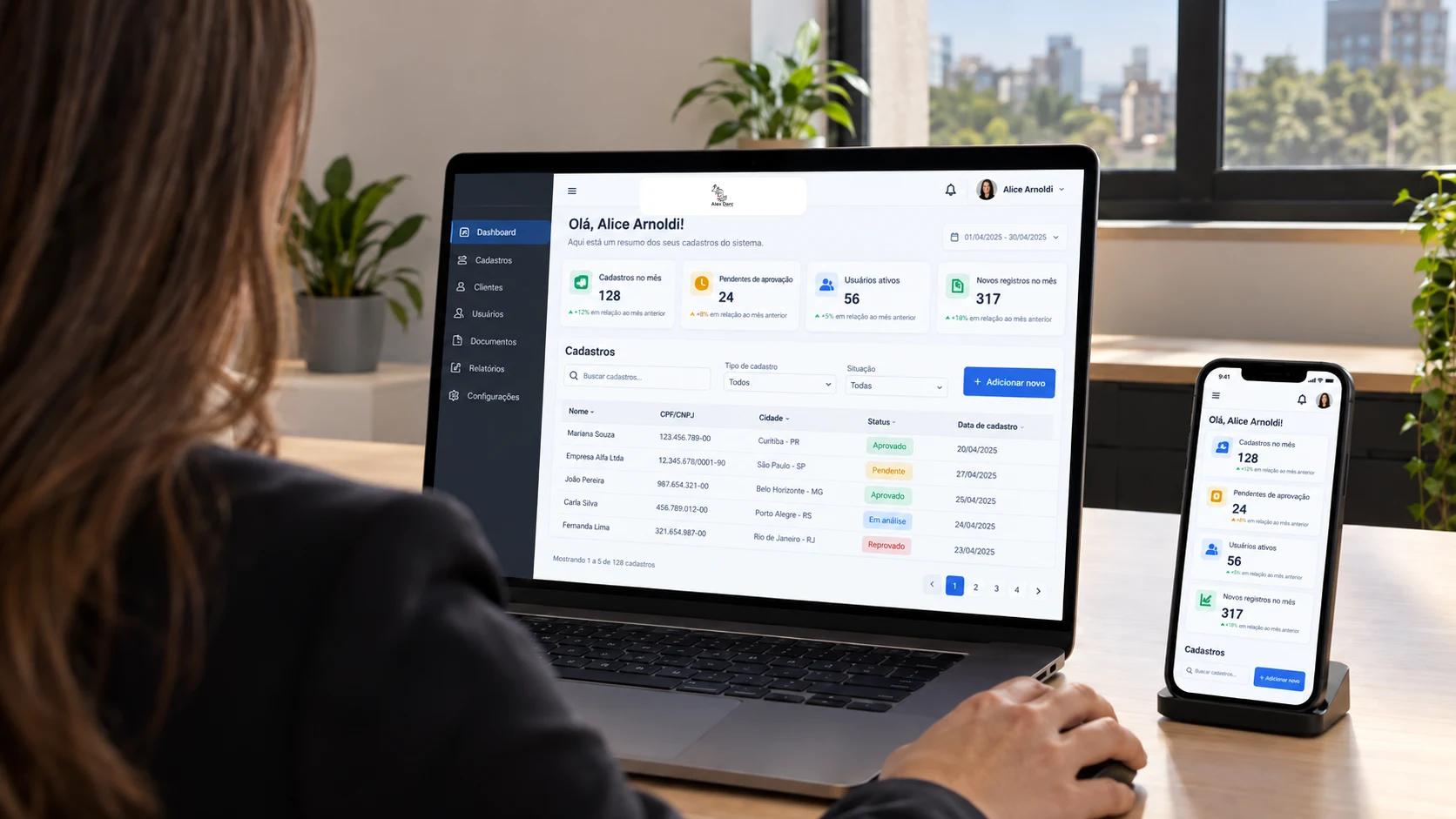 Mockup do sistema de gestão da Alex Darc Produções, com o logo da empresa aplicado