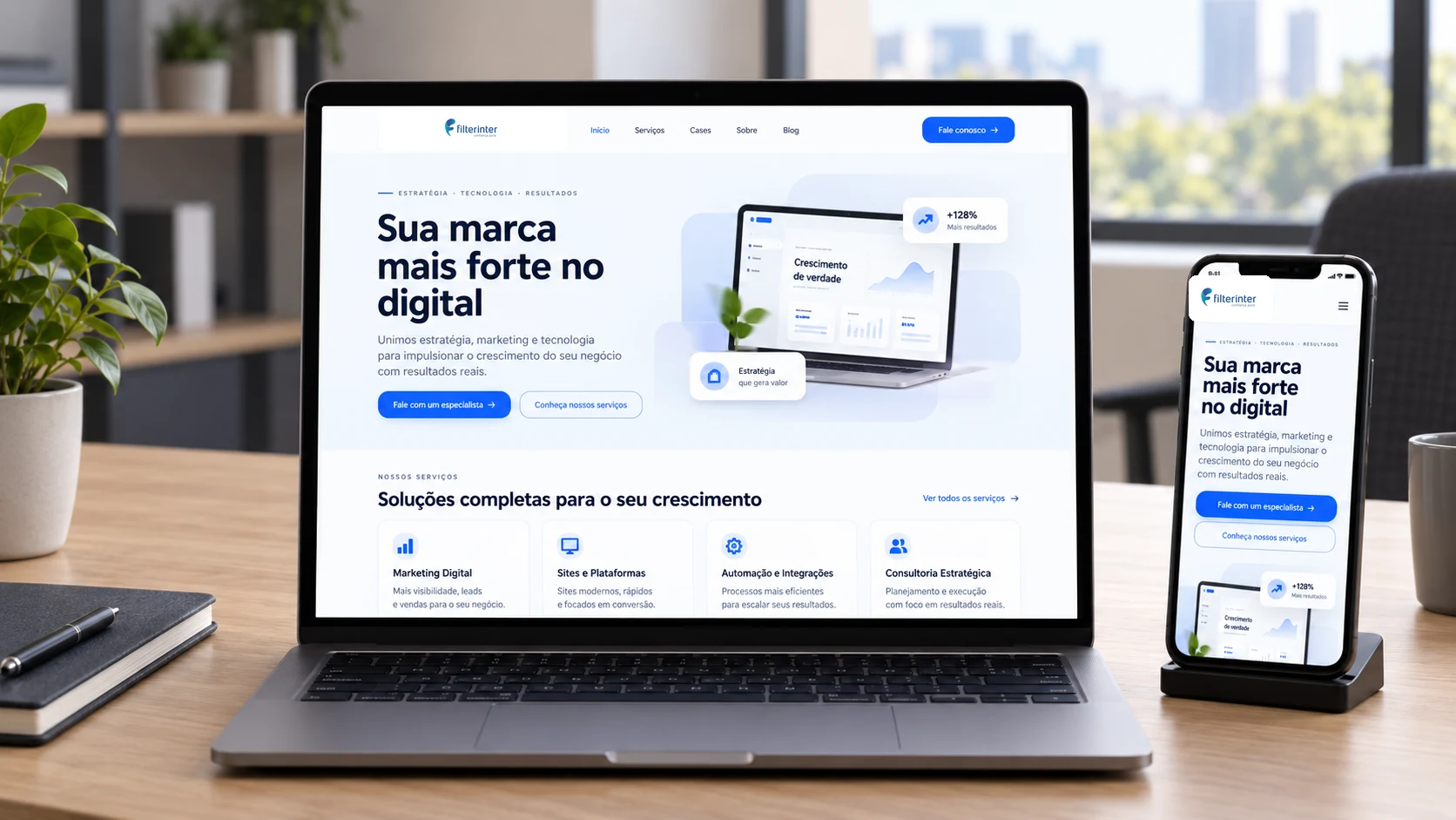 Mockup do site institucional da Filterinter, com o logo da empresa aplicado