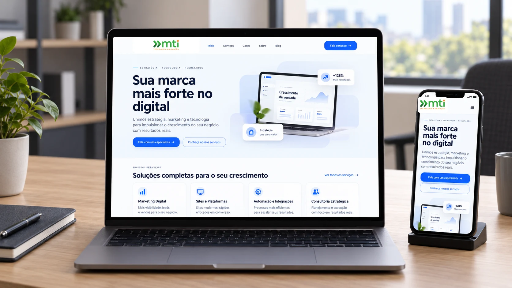 Mockup do site institucional da MTi Service, com o logo da empresa aplicado