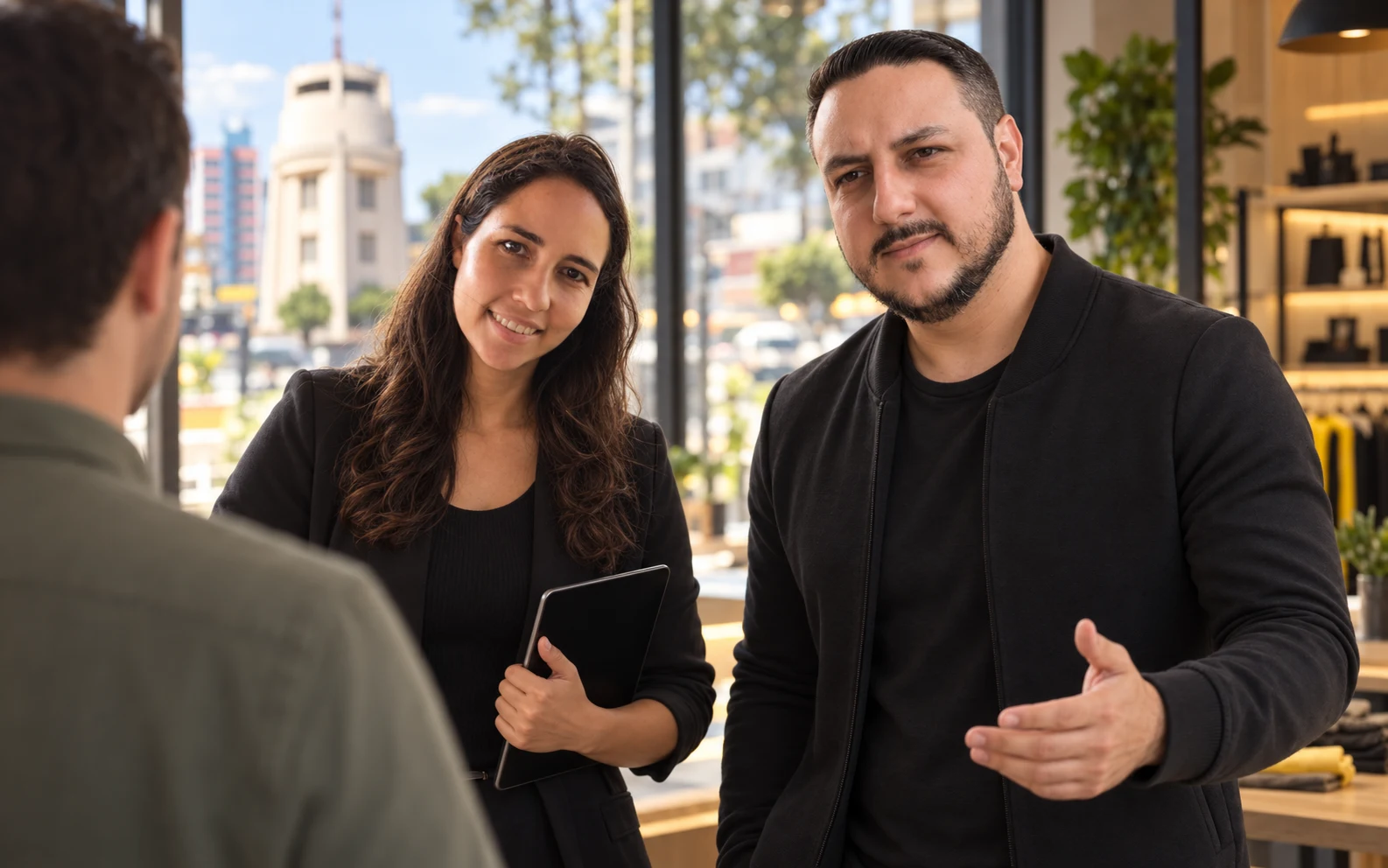 Léo e Lari, da Arnoldi Digital, recebendo um cliente em uma loja em Campinas