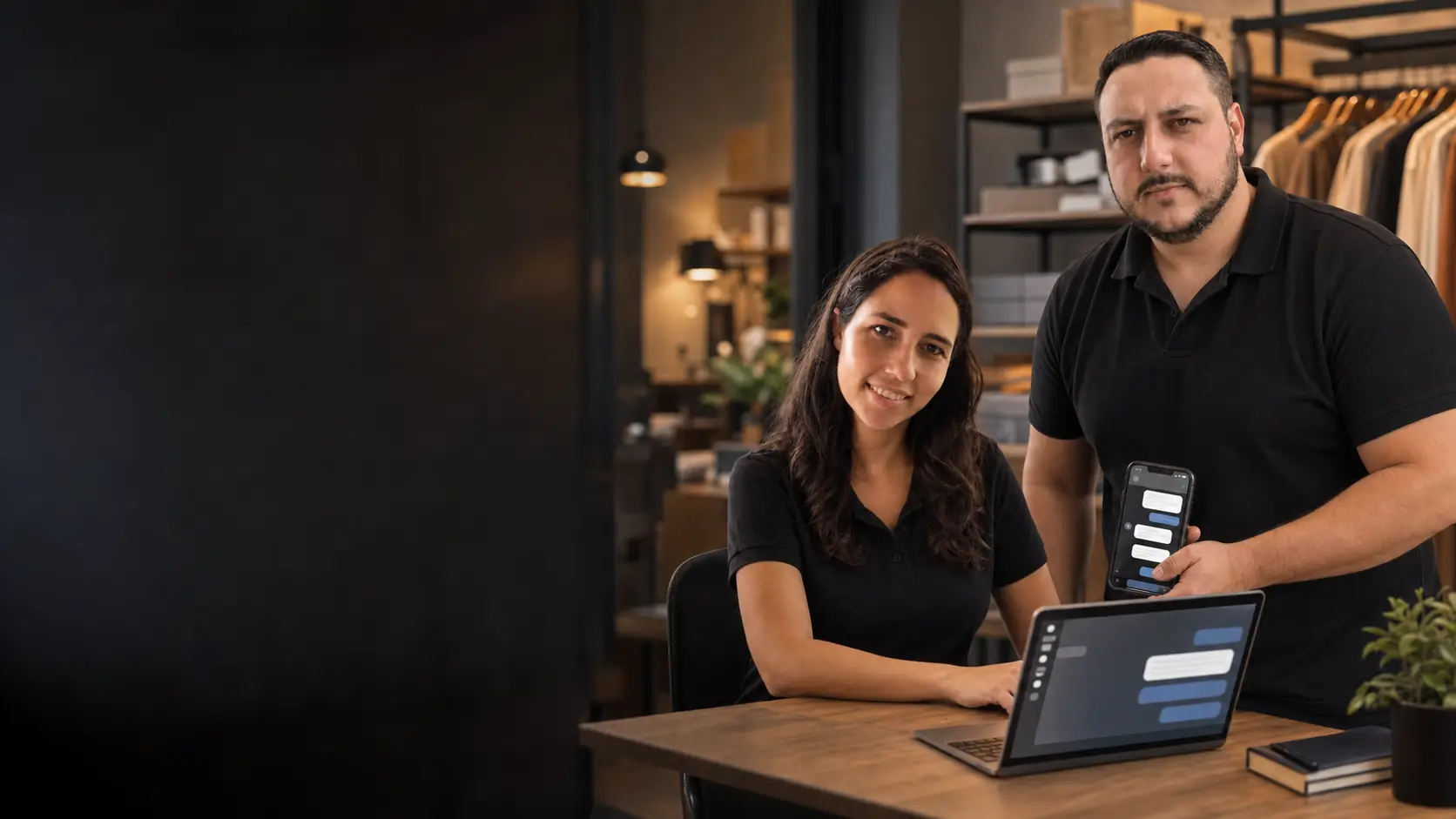 Léo em pé, segurando um celular com conversa de WhatsApp, e Lari sentada diante de um notebook com chat, numa loja com roupas ao fundo