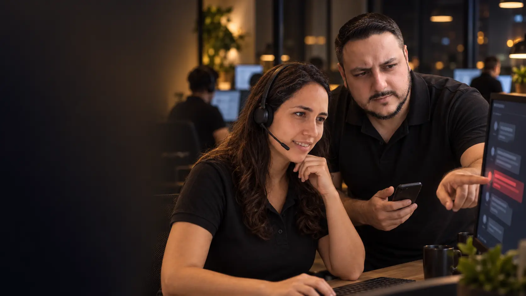 Lari, com fone de atendimento, olha uma conversa no monitor enquanto Léo aponta uma mensagem destacada em vermelho