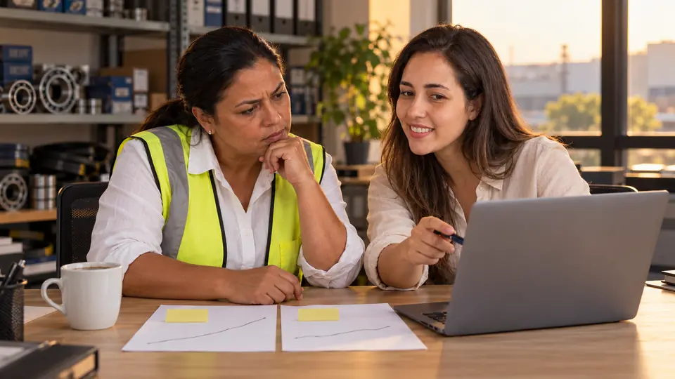 Lari aponta para o notebook enquanto a dona da distribuidora, de mão no queixo, olha duas folhas lado a lado com linhas de resultados sobre a mesa