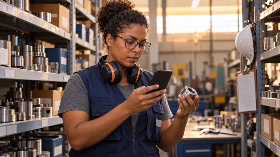 Compradora técnica de uma metalúrgica pesquisa no celular a especificação de uma peça de metal que segura na outra mão, entre prateleiras do estoque