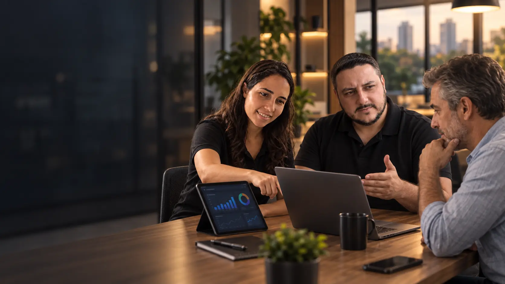 Léo e Lari conversando com um empresário sobre os resultados das campanhas de anúncios