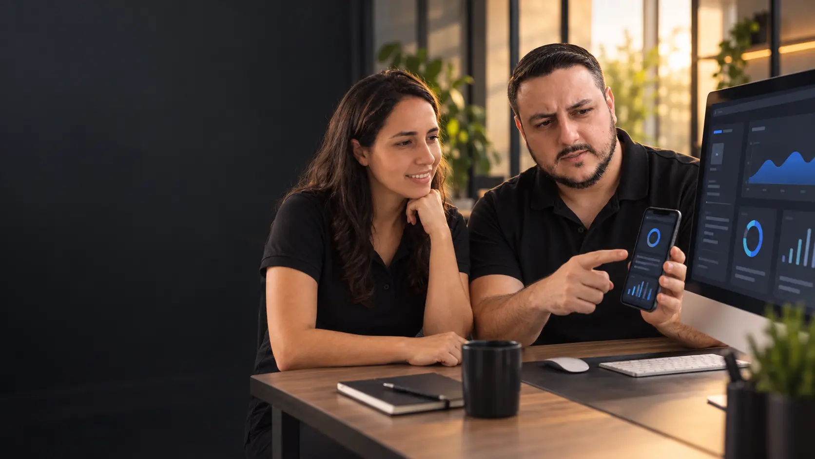 Léo apontando para um celular com um painel na tela, ao lado da Lari, diante de um monitor com gráficos