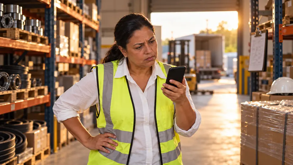 Dona de uma distribuidora de rolamentos, de colete refletivo no depósito, olha o celular com cara de dúvida ao testar o próprio site