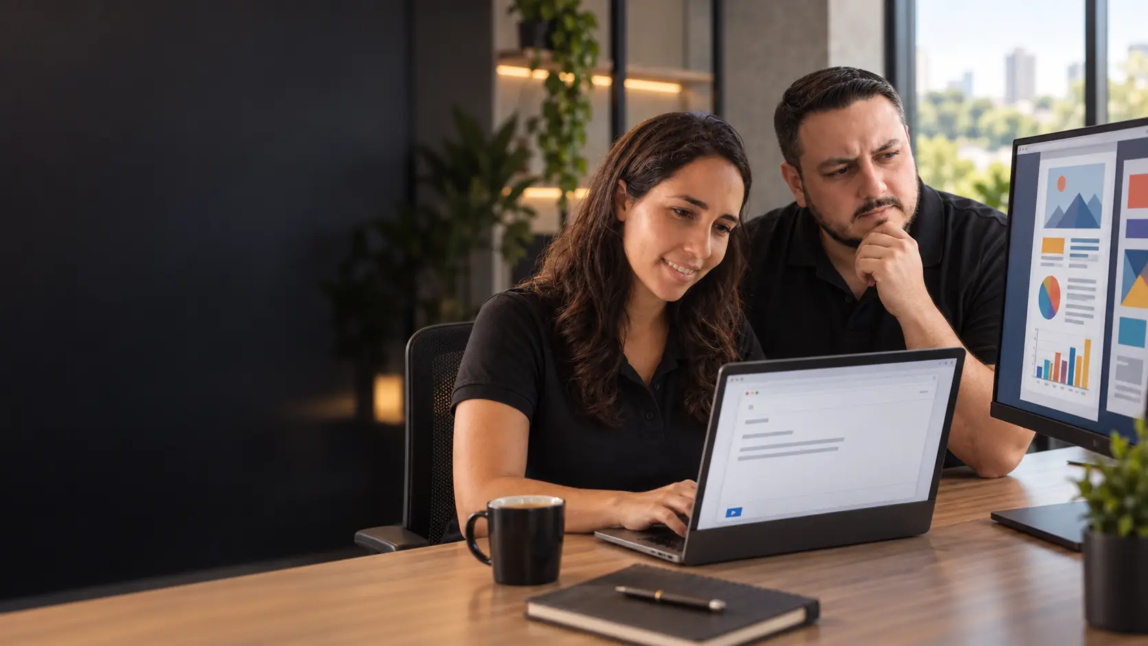 Lari escrevendo um e-mail no notebook enquanto Léo acompanha, com um monitor de gráficos ao lado