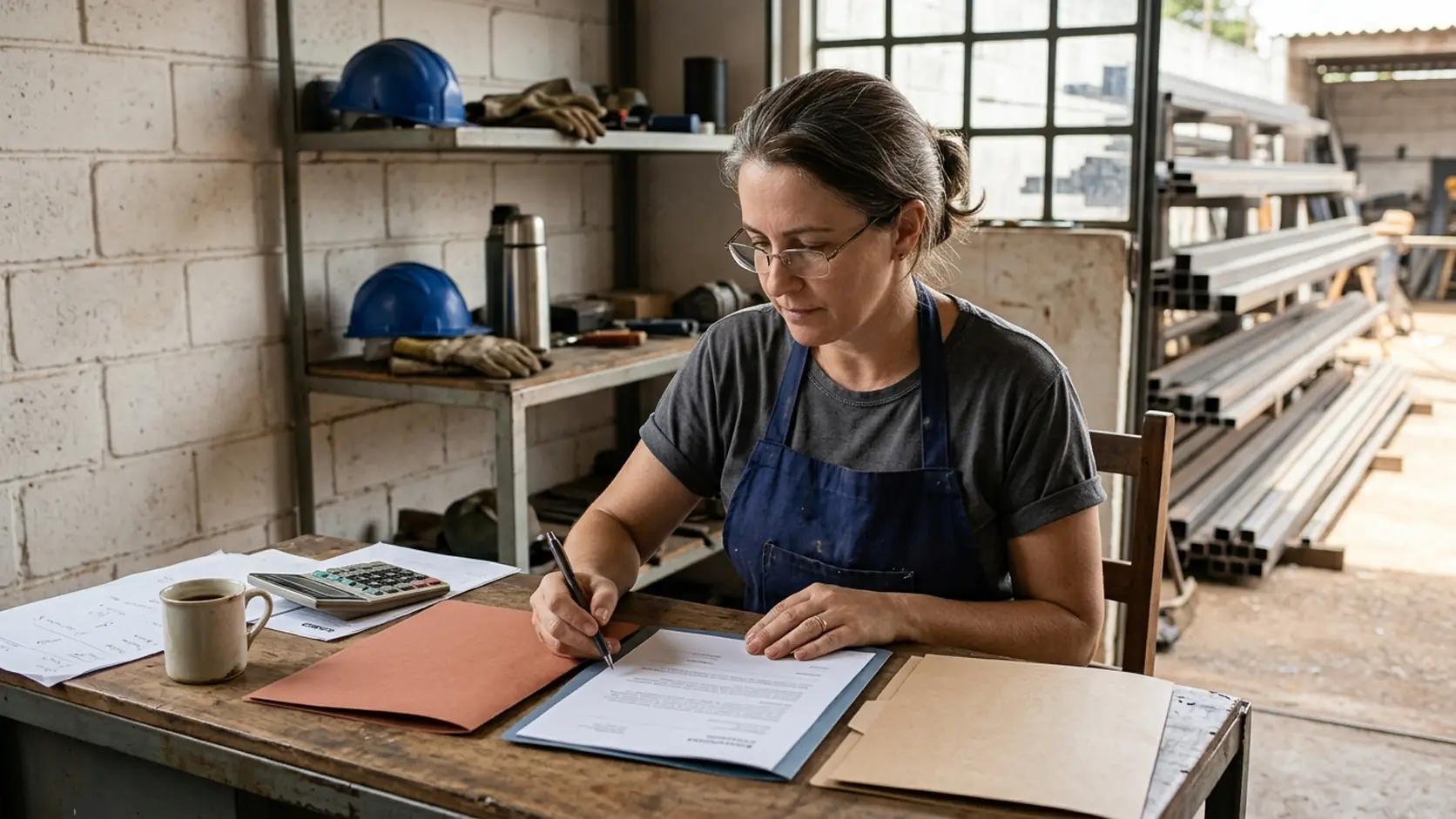 Dona de serralheria de avental azul analisa e assina propostas impressas na mesa, com calculadora, capacetes na estante e perfis de aço ao fundo