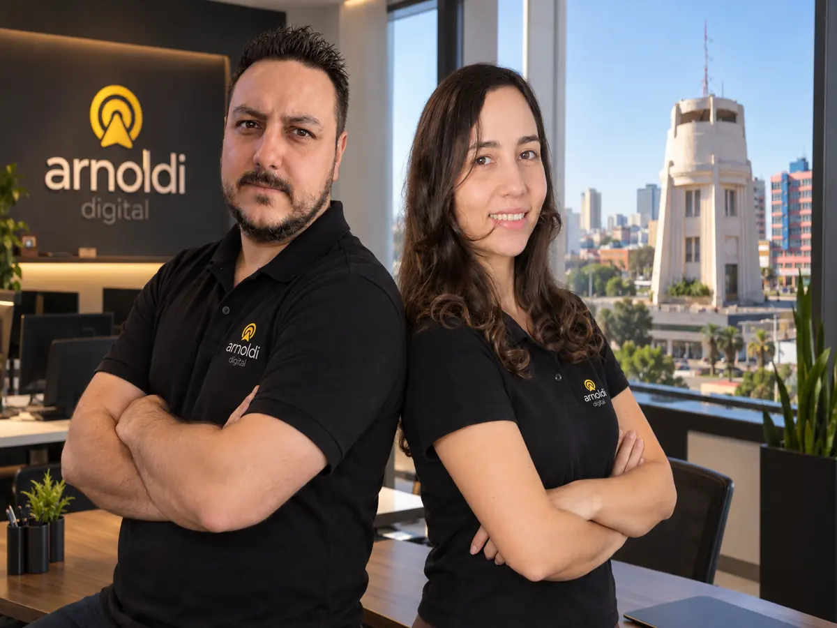 Léo e Lari, de braços cruzados e apoiados costas com costas, olhando para a câmera no escritório da Arnoldi Digital