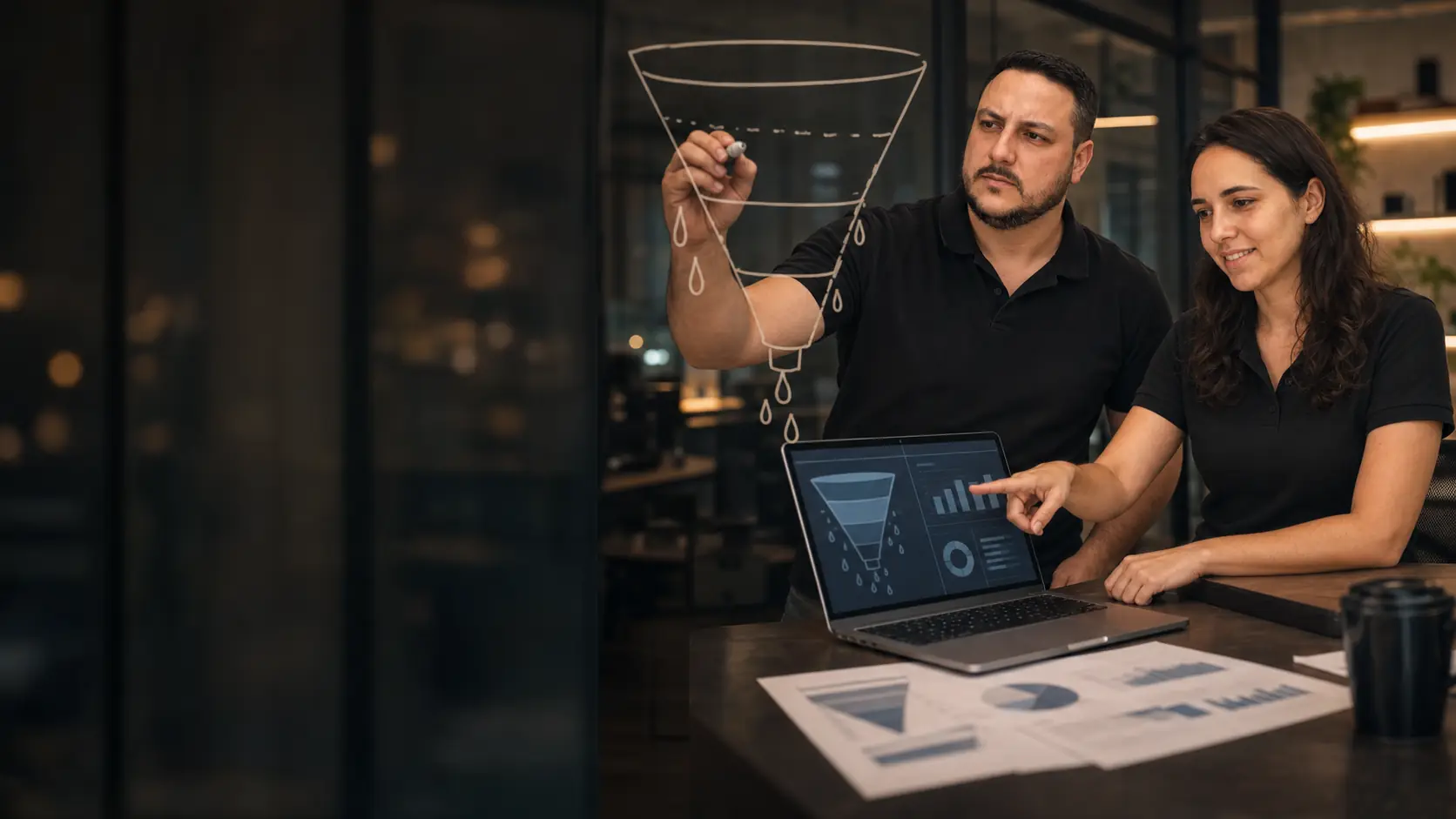 Léo desenhando um funil com gotas vazando num quadro de vidro enquanto a Lari aponta para um painel de vendas no notebook