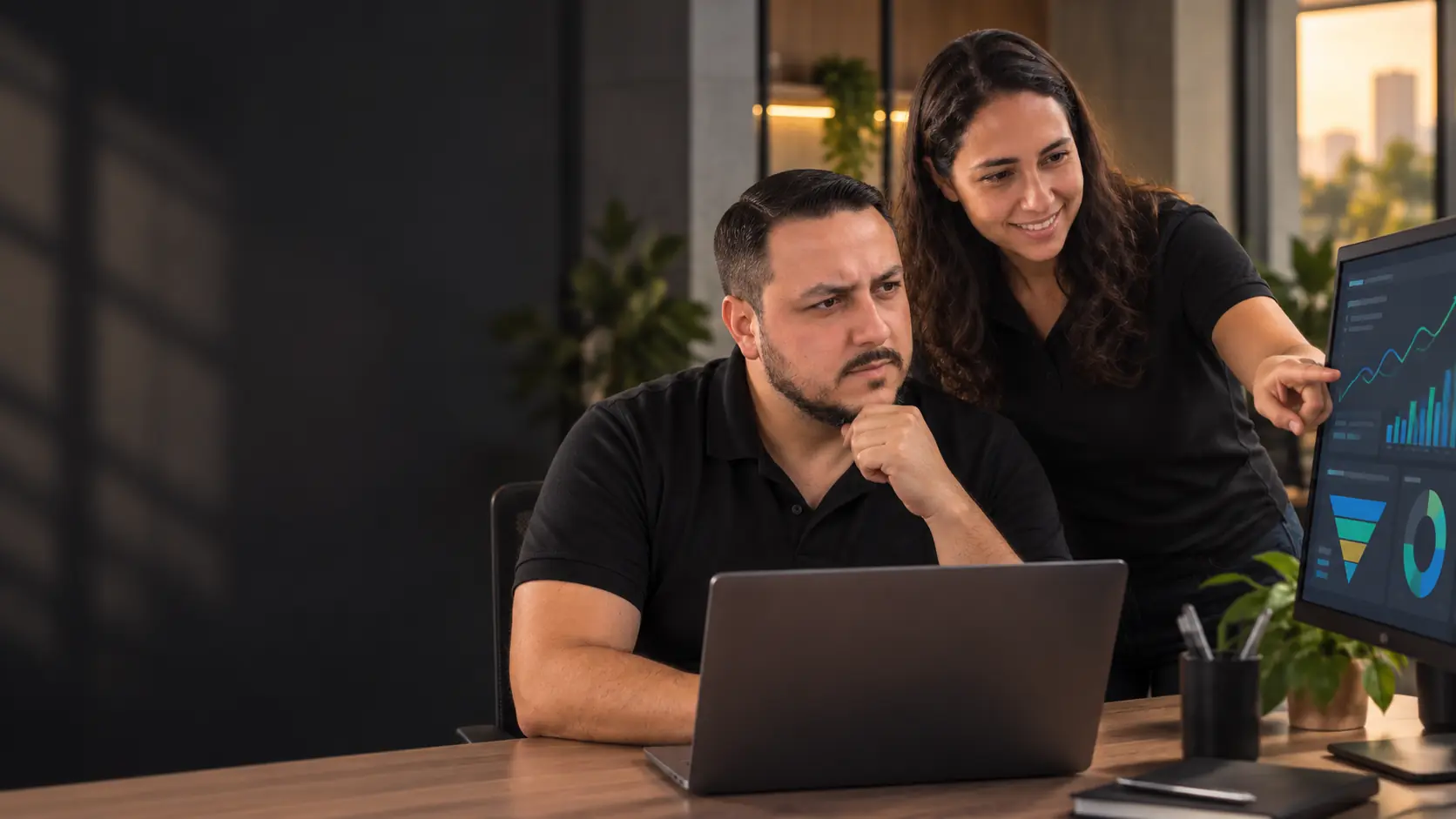Lari apontando gráficos de campanhas num monitor enquanto Léo analisa os números diante do notebook
