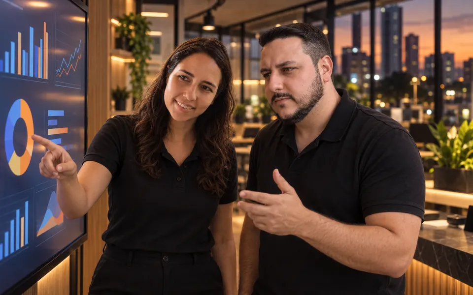 Léo e Lari analisando resultados de marketing de uma empresa
