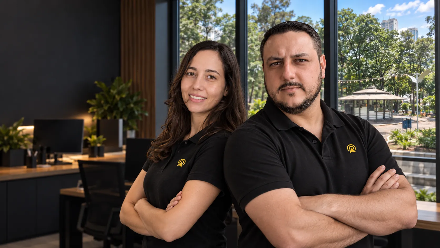 Léo e Lari, da Arnoldi Digital, de braços cruzados no escritório, com a Praça Comendador Müller de Americana ao fundo pela janela