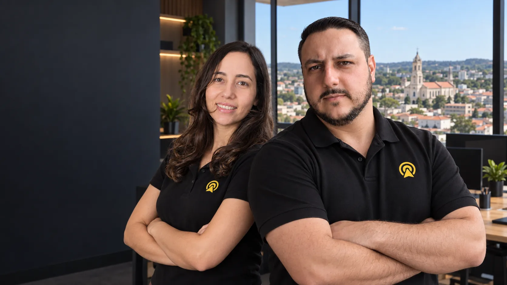Léo e Lari, da Arnoldi Digital, de braços cruzados no escritório, com a Igreja Matriz de Artur Nogueira ao fundo pela janela