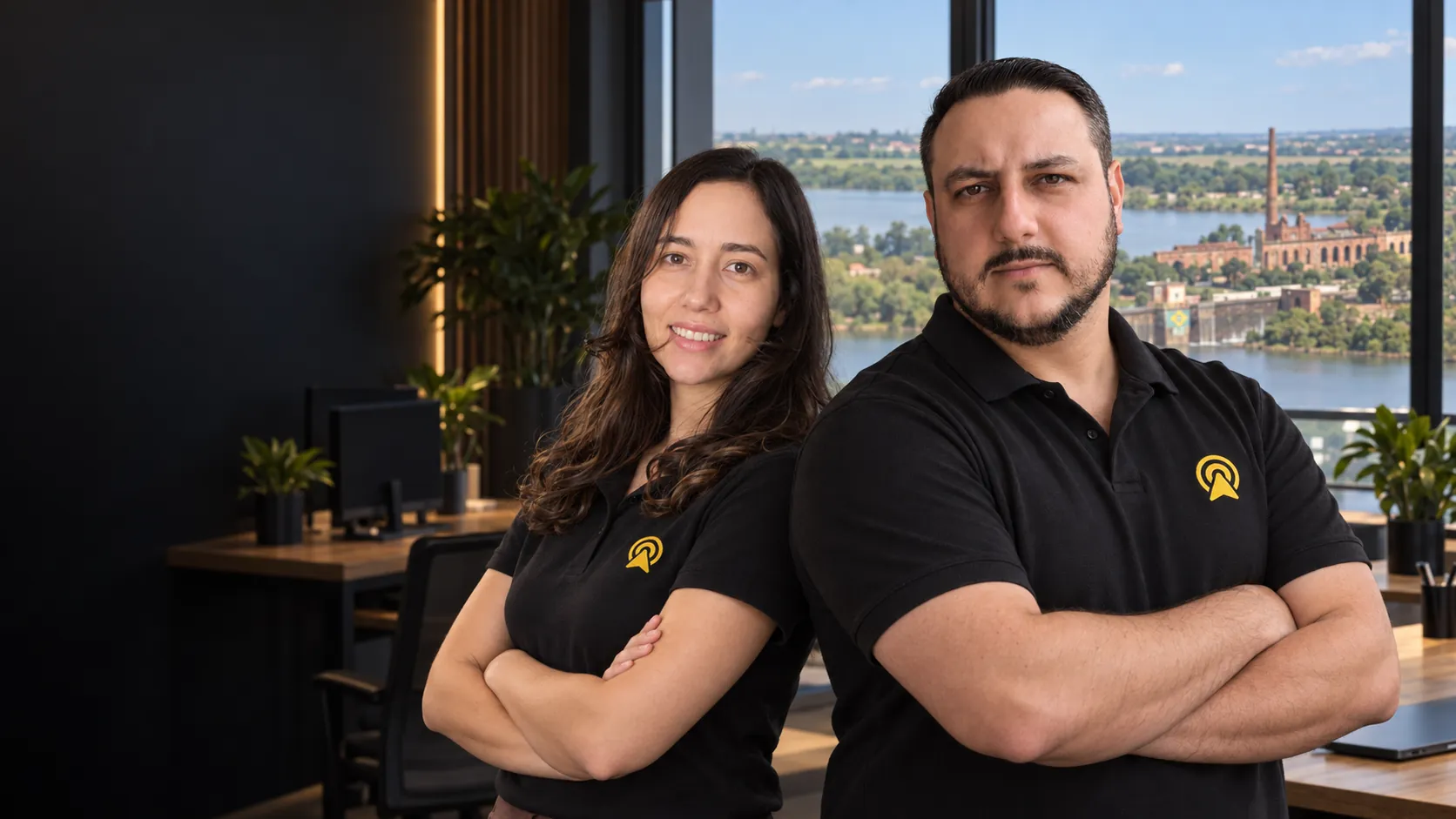 Léo e Lari, da Arnoldi Digital, de braços cruzados no escritório, com as ruínas da Usina Ester de Cosmópolis ao fundo pela janela