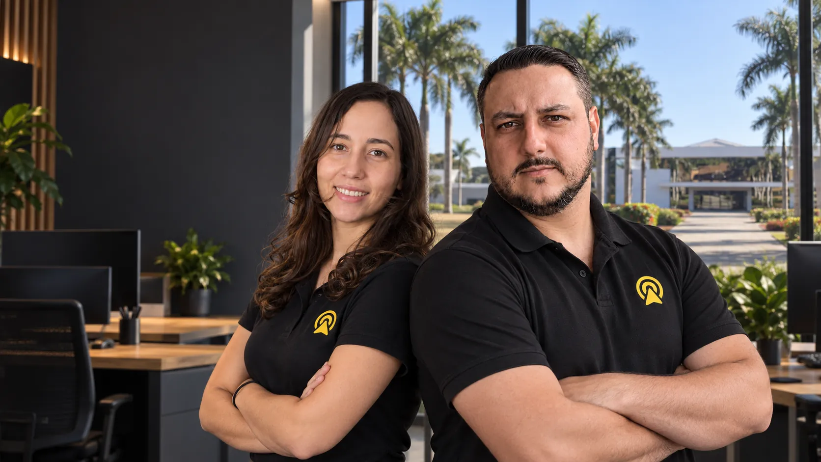 Léo e Lari, da Arnoldi Digital, de braços cruzados no escritório, com o templo do UNASP de Engenheiro Coelho ao fundo pela janela