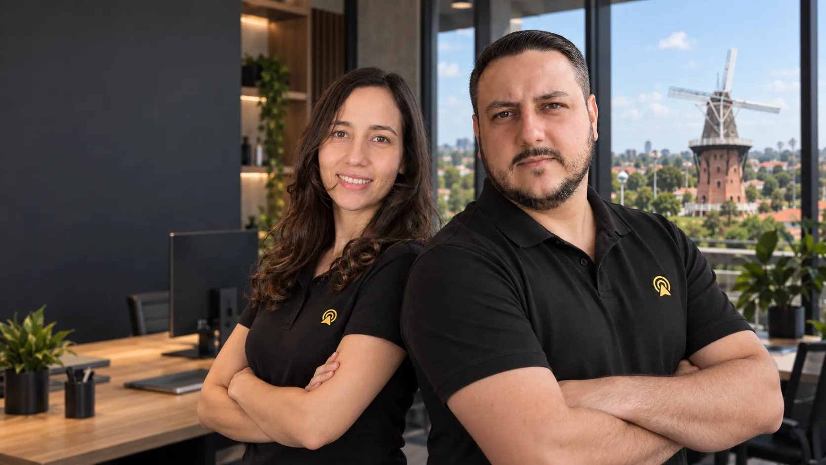 Léo e Lari, da Arnoldi Digital, de braços cruzados no escritório, com o Moinho de Holambra ao fundo pela janela