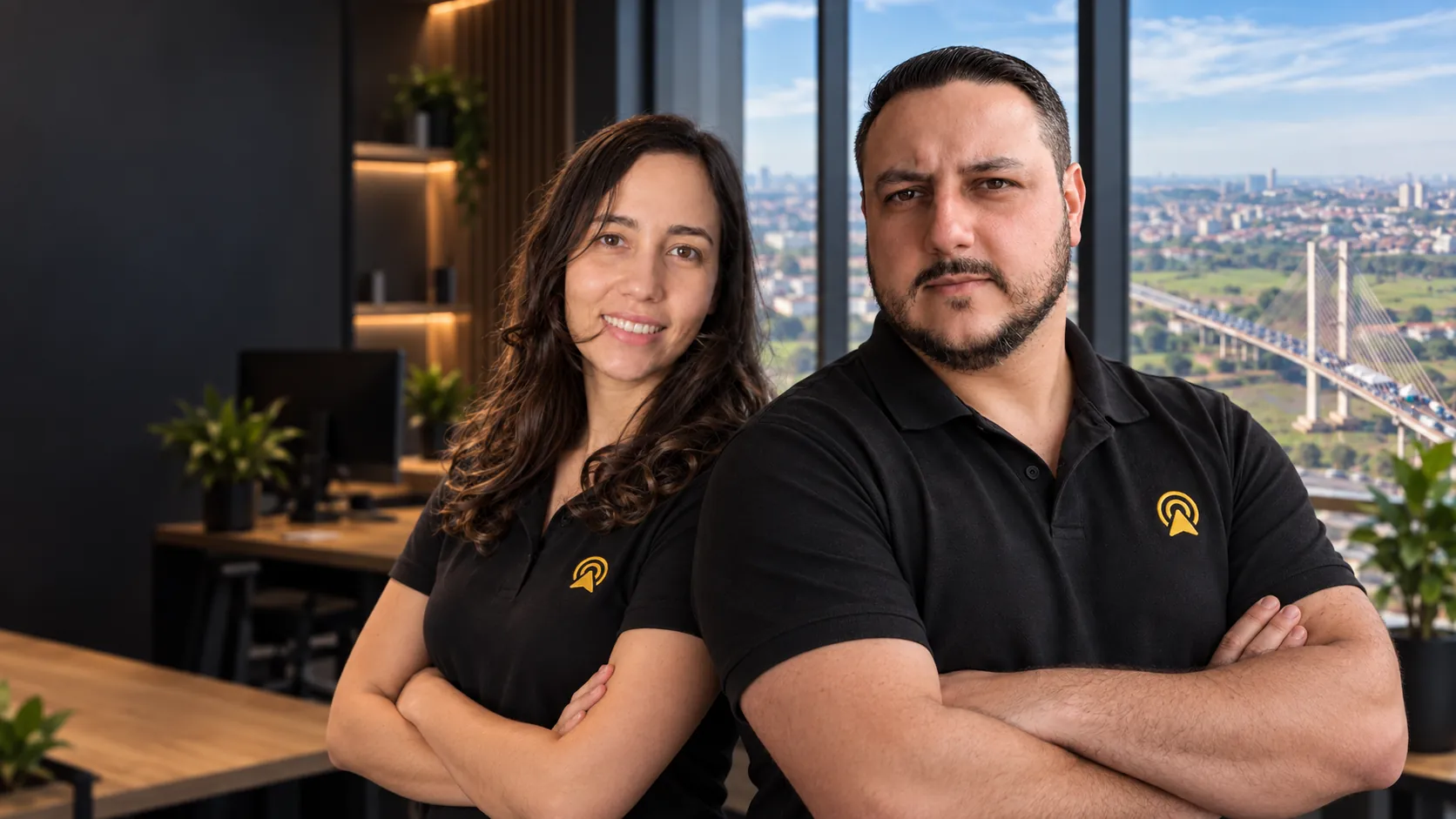 Léo e Lari, da Arnoldi Digital, de braços cruzados no escritório, com a Ponte Estaiada de Hortolândia ao fundo pela janela