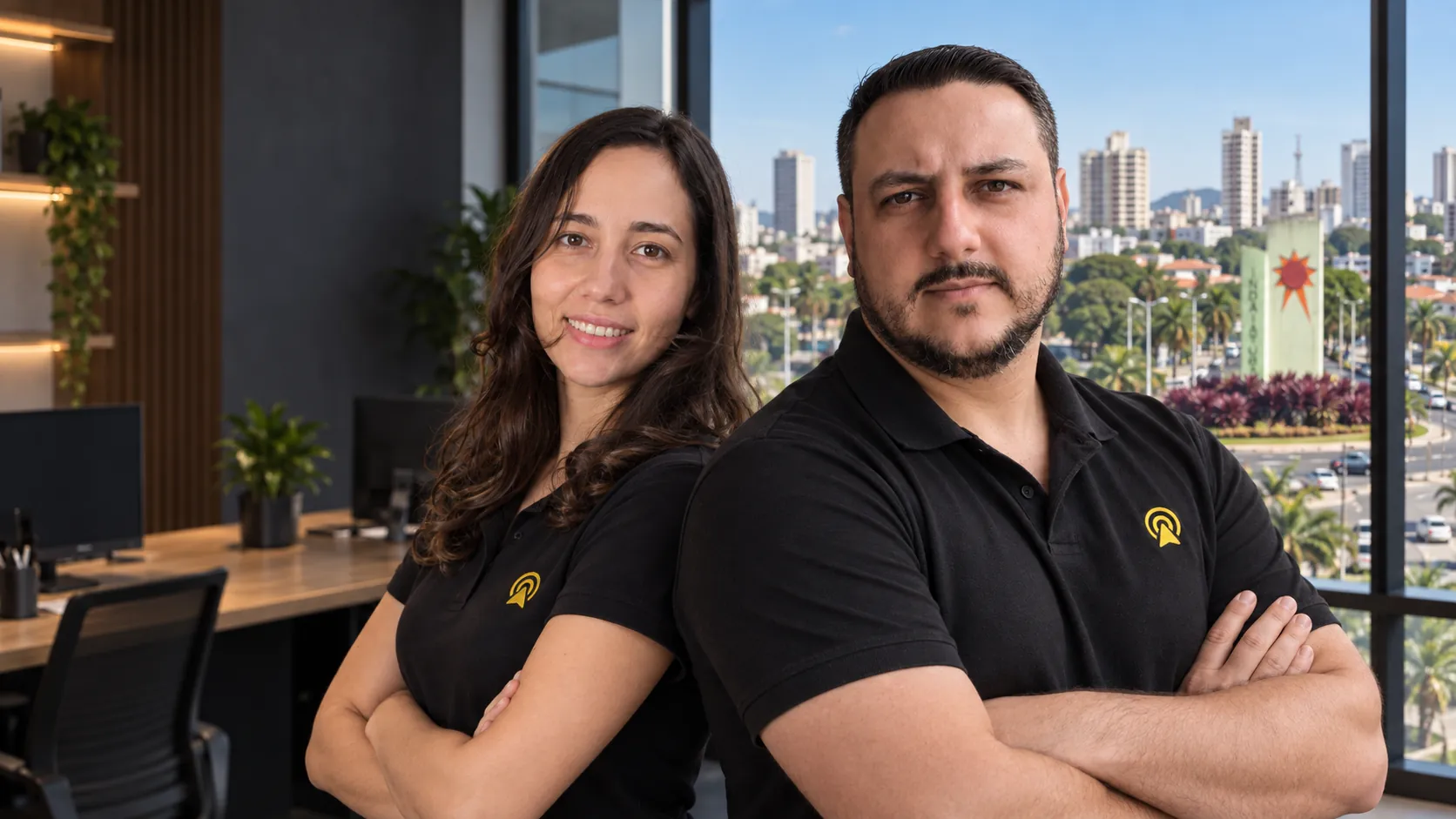 Léo e Lari, da Arnoldi Digital, de braços cruzados no escritório, com o Obelisco da Avenida Conceição de Indaiatuba ao fundo pela janela