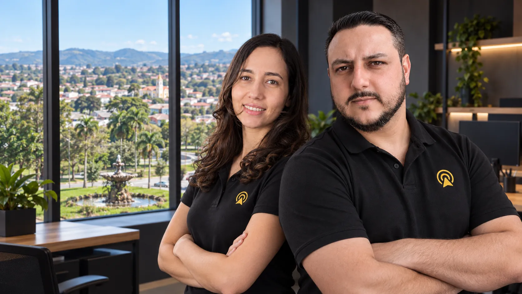 Léo e Lari, da Arnoldi Digital, de braços cruzados no escritório, com o chafariz histórico do centro de Itatiba ao fundo pela janela