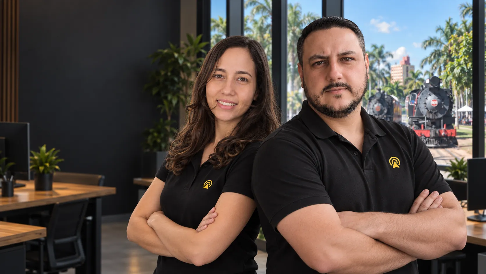 Léo e Lari, da Arnoldi Digital, de braços cruzados no escritório, com a Maria Fumaça de Jaguariúna ao fundo pela janela