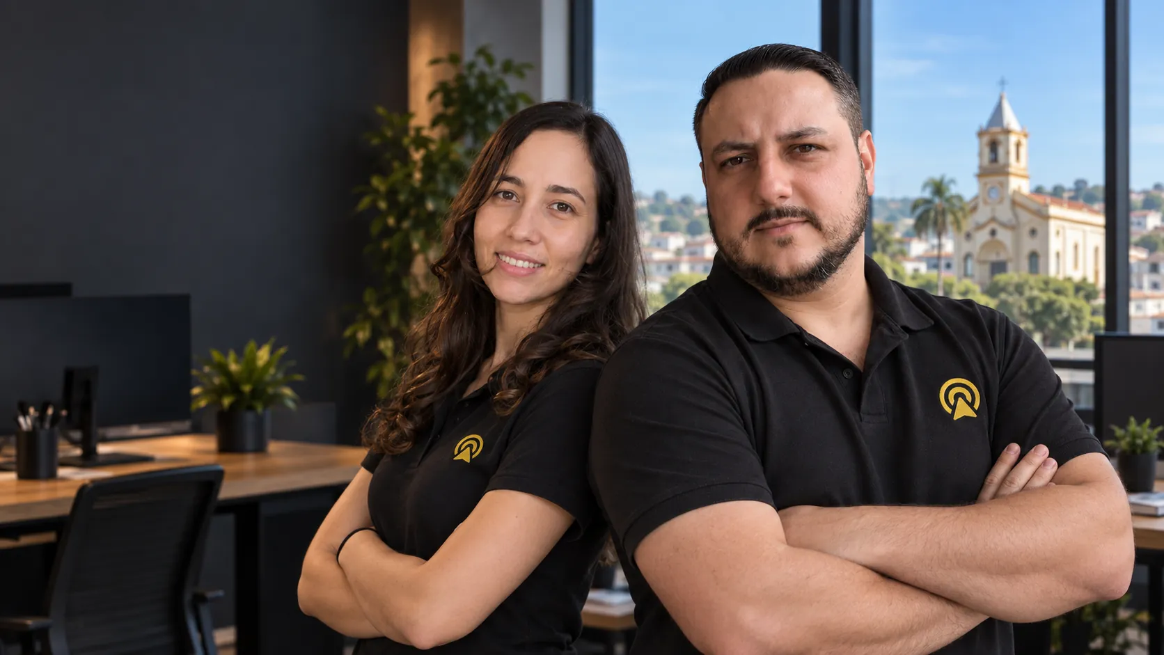 Léo e Lari, da Arnoldi Digital, de braços cruzados no escritório, com a Igreja de São Benedito de Monte Mor ao fundo pela janela