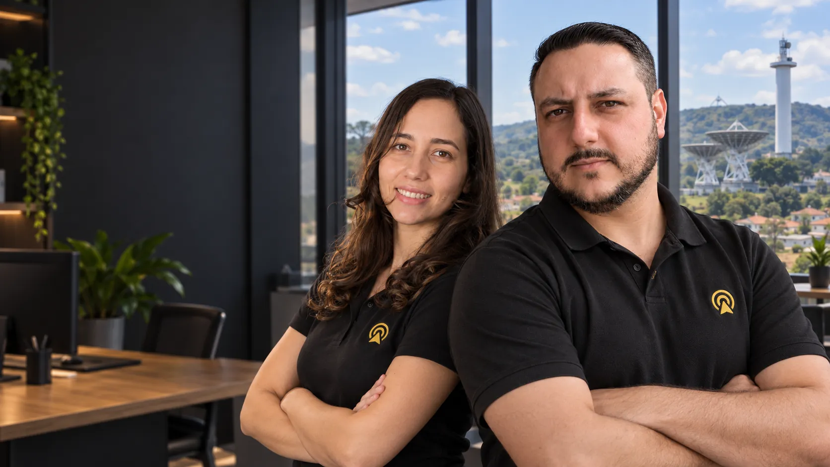 Léo e Lari, da Arnoldi Digital, de braços cruzados no escritório, com a torre da Embratel nos morros de Morungaba ao fundo pela janela