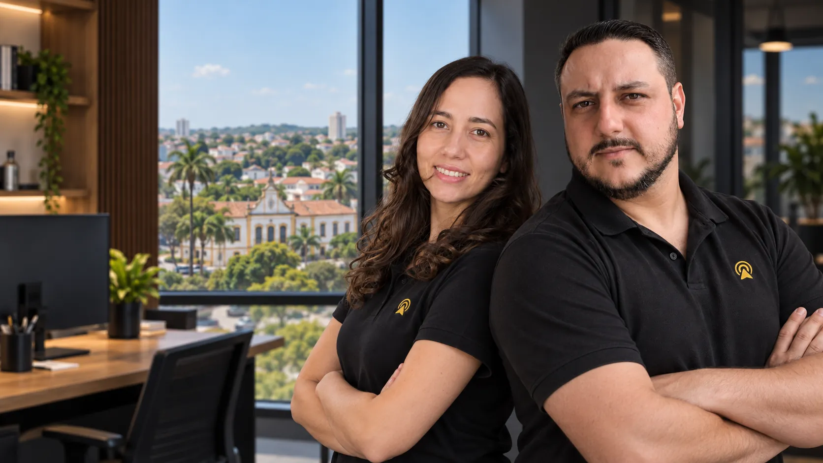 Léo e Lari, da Arnoldi Digital, de braços cruzados no escritório, com o prédio histórico do Núcleo Colonial de Nova Odessa ao fundo pela janela