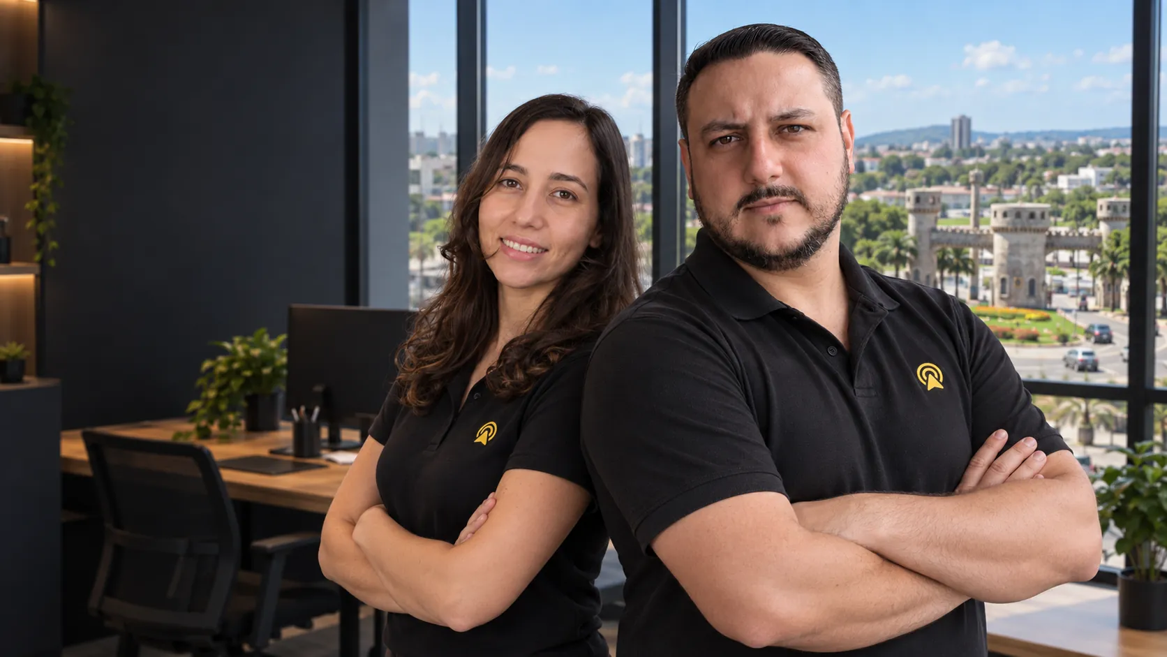 Léo e Lari, da Arnoldi Digital, de braços cruzados no escritório, com o Portal Medieval de Paulínia ao fundo pela janela