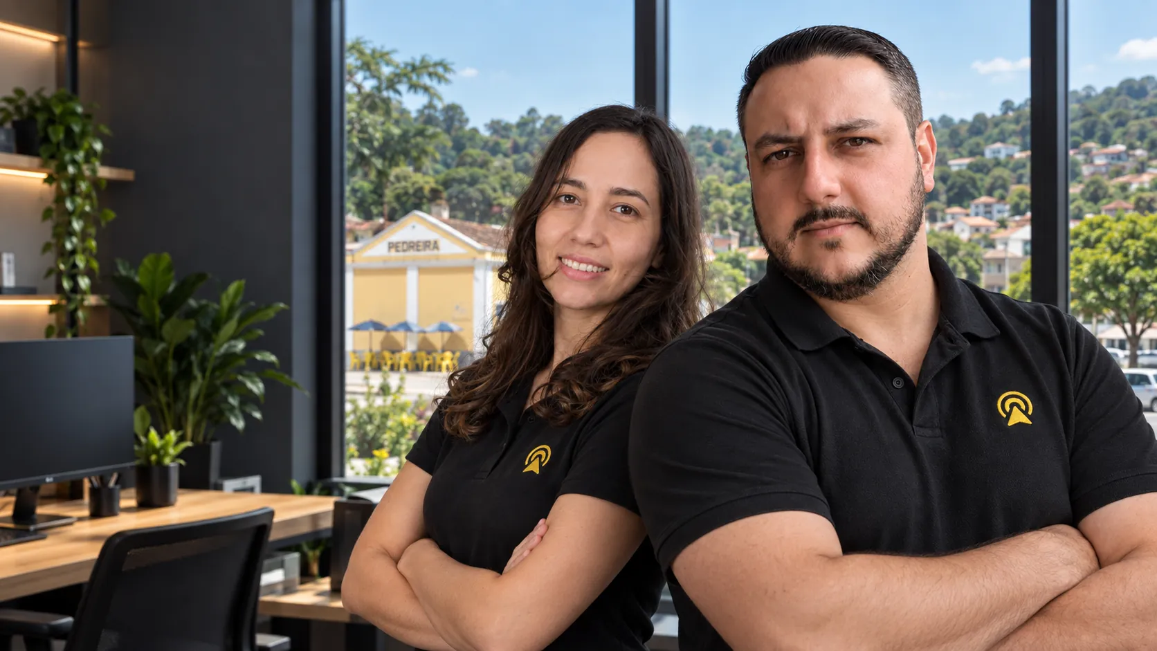Léo e Lari, da Arnoldi Digital, de braços cruzados no escritório, com a antiga estação ferroviária de Pedreira ao fundo pela janela