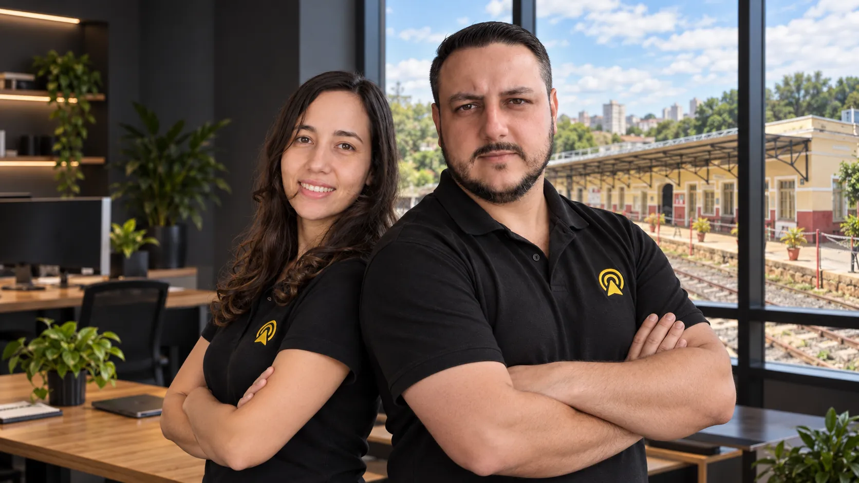 Léo e Lari, da Arnoldi Digital, de braços cruzados no escritório, com a estação ferroviária histórica de Santa Bárbara d'Oeste ao fundo pela janela