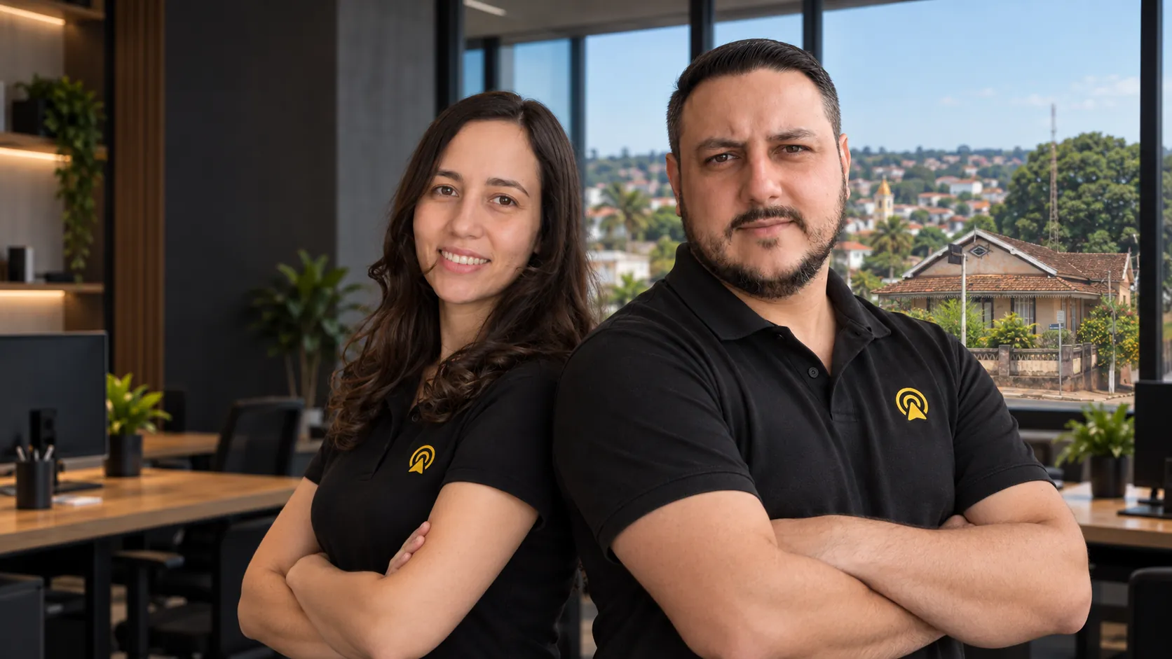 Léo e Lari, da Arnoldi Digital, de braços cruzados no escritório, com a casa antiga do centro de Santo Antônio de Posse ao fundo pela janela