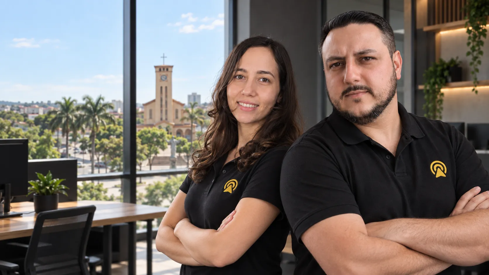 Léo e Lari, da Arnoldi Digital, de braços cruzados no escritório, com a Igreja Matriz de Sumaré ao fundo pela janela