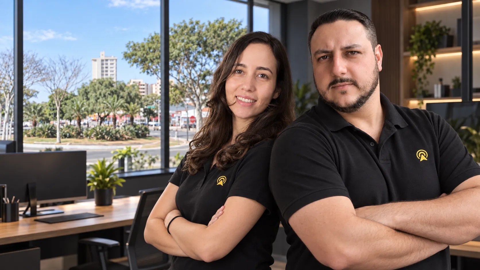 Léo e Lari, da Arnoldi Digital, de braços cruzados no escritório, com a Praça Brasil 500 Anos de Valinhos ao fundo pela janela