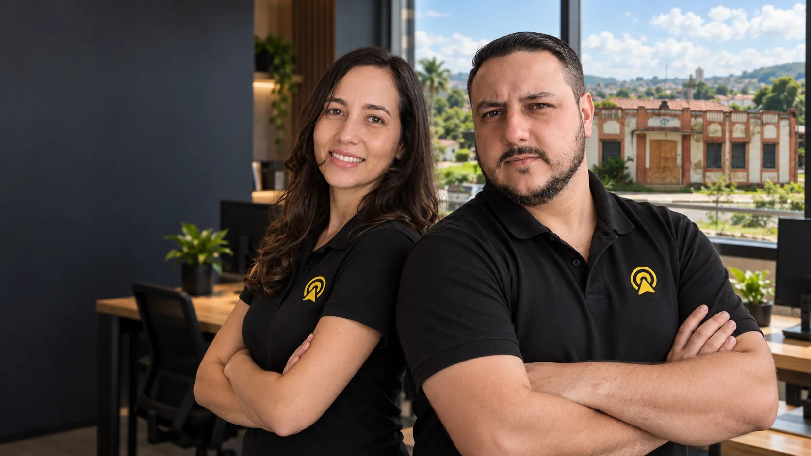 Léo e Lari, da Arnoldi Digital, de braços cruzados no escritório, com a estação ferroviária histórica de Vinhedo ao fundo pela janela