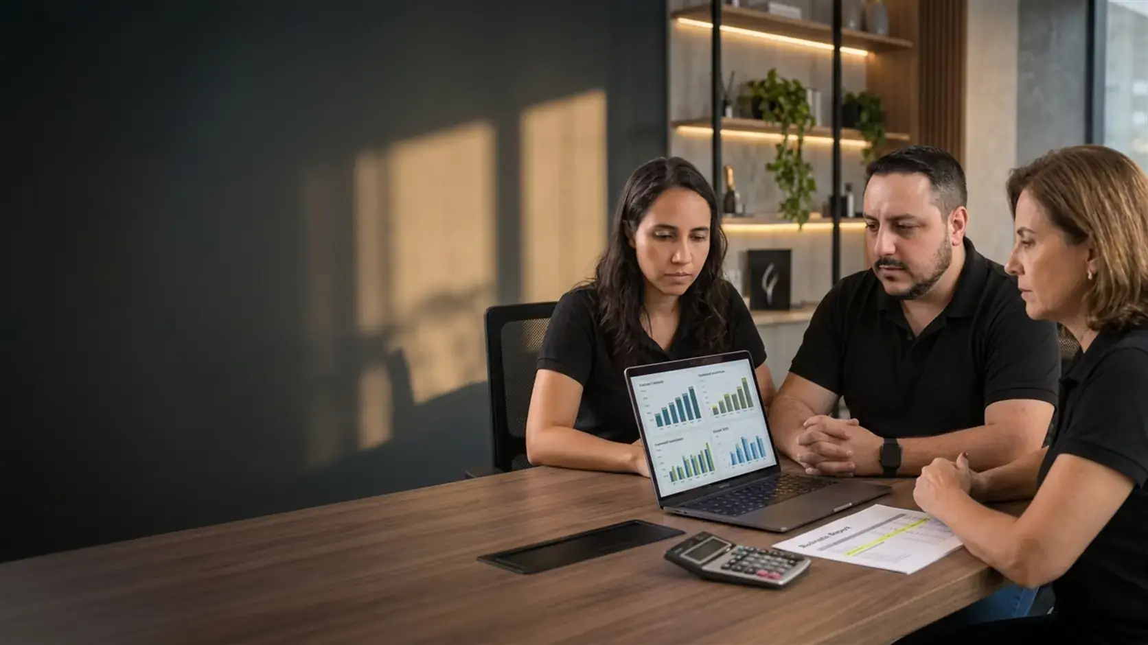 Léo, Lari e uma empresária analisando gráficos de desempenho no notebook, com uma calculadora e um relatório impresso sobre a mesa