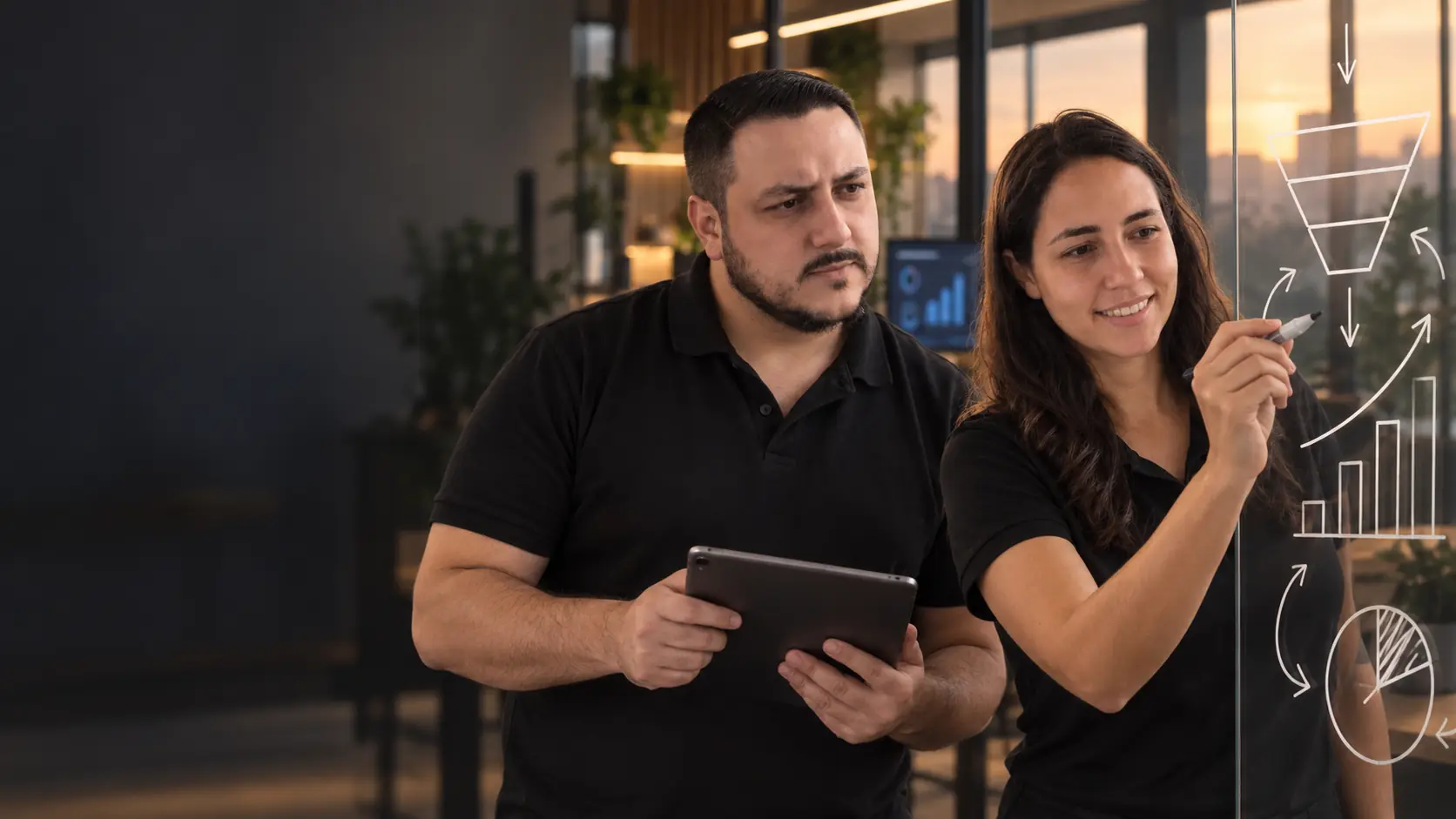 Lari desenhando um funil de vendas e gráficos num quadro de vidro enquanto Léo observa segurando um tablet