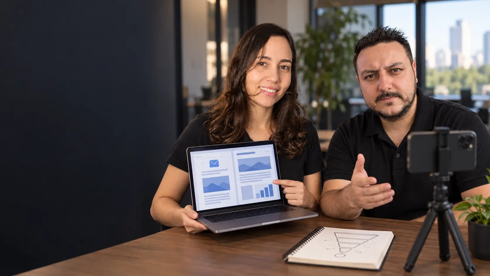 Lari mostrando no notebook um e-mail e gráficos enquanto Léo fala diante de um celular preso num tripé, com um funil desenhado no caderno