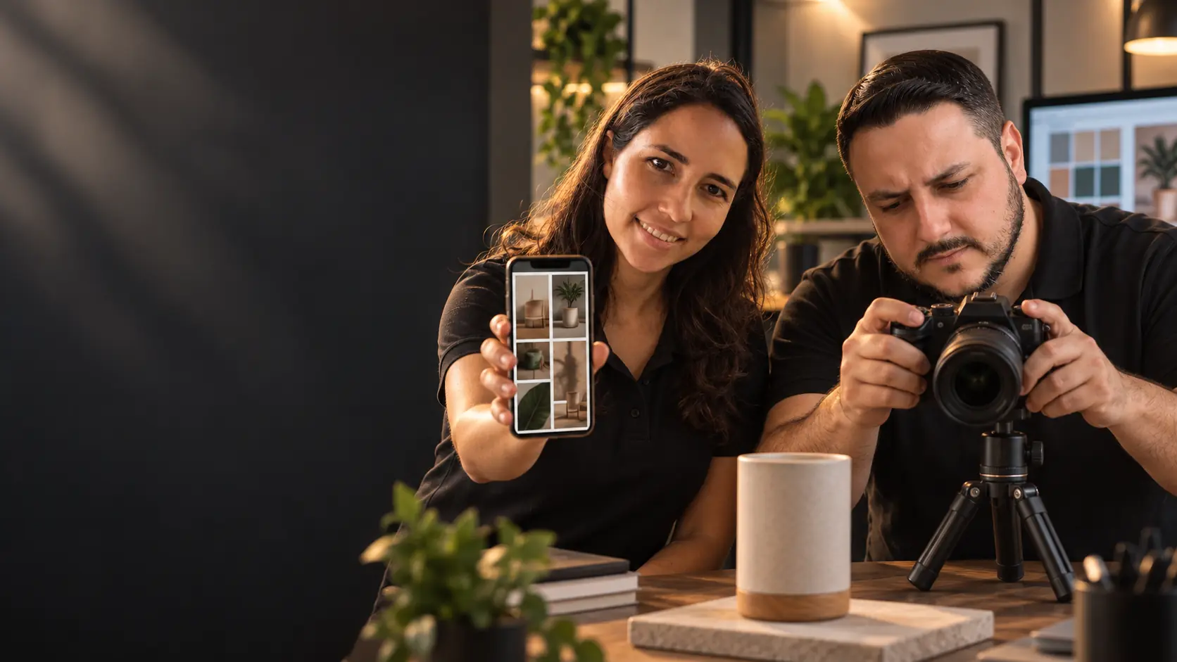 Lari mostrando um perfil do Instagram com grid vertical no celular enquanto Léo fotografa um produto