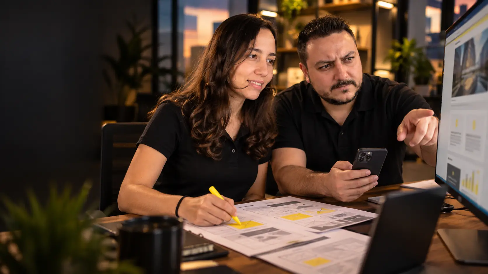Lari marcando um wireframe impresso com marca-texto amarelo enquanto Léo, com o celular na mão, aponta para uma landing page no monitor