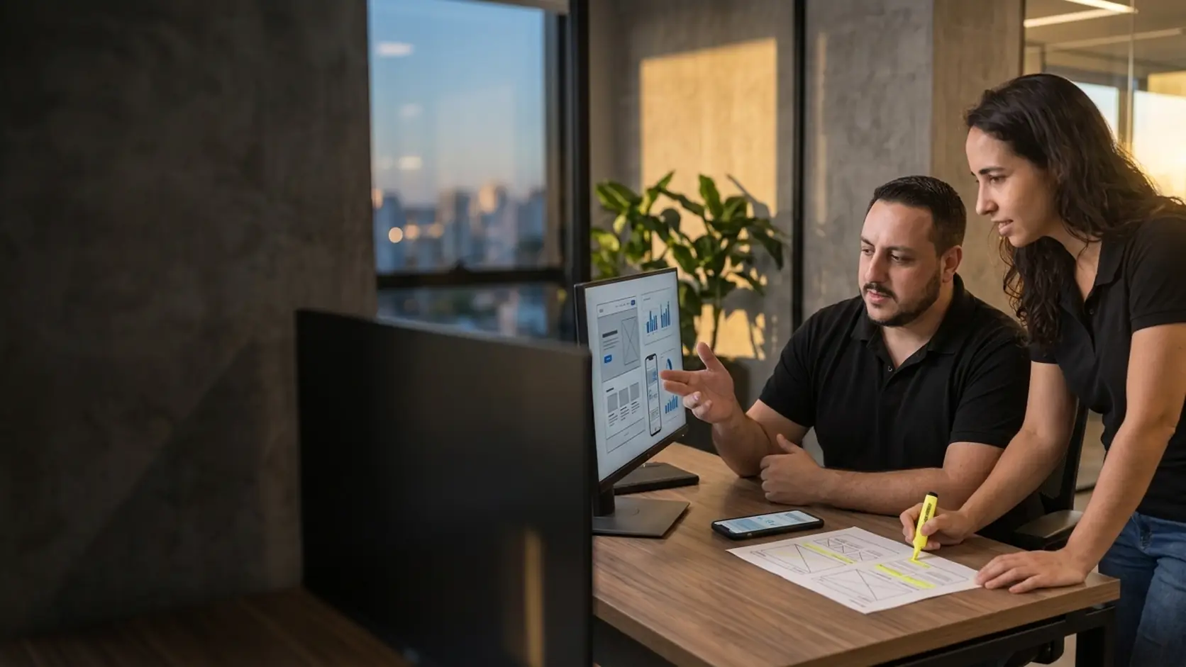 Léo apontando para uma landing page no monitor enquanto a Lari marca um wireframe impresso com marca-texto amarelo