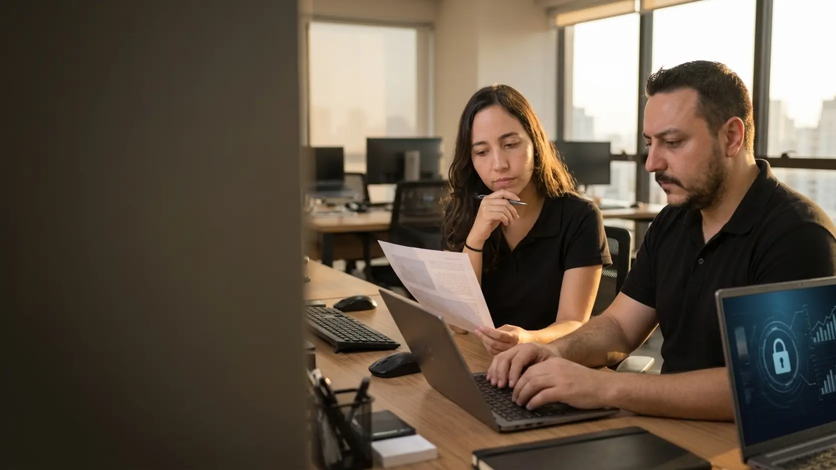 Lari analisando um documento impresso enquanto Léo trabalha no notebook, com um ícone de cadeado de segurança na tela
