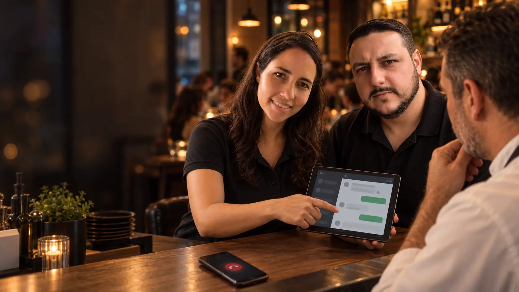 Lari mostrando ao dono de um restaurante uma conversa de retorno no tablet, com um celular no balcão exibindo uma chamada perdida, enquanto Léo acompanha