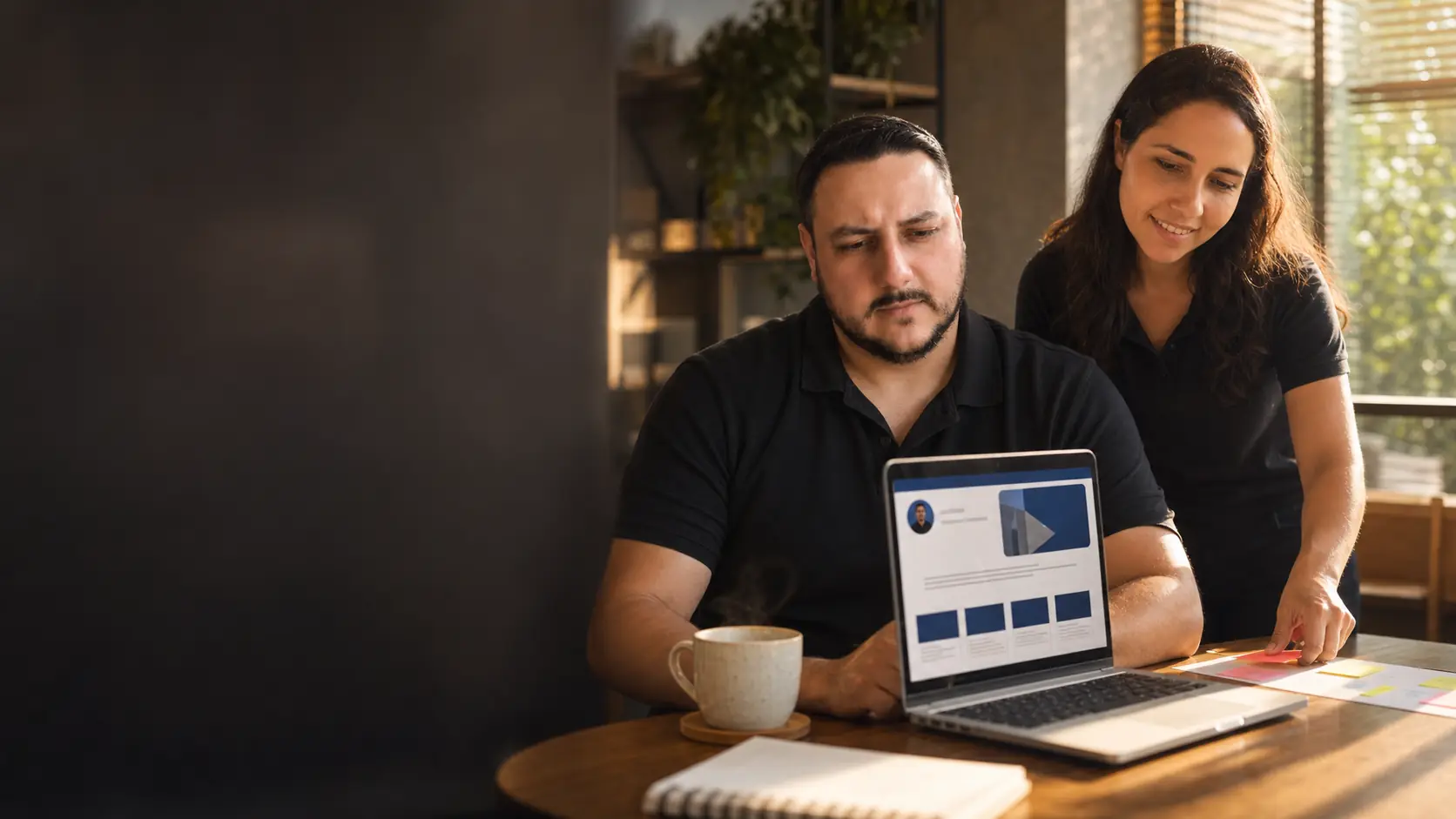 Léo com o notebook aberto num perfil profissional, café e agenda na mesa, enquanto a Lari sugere ideias de post em notas adesivas