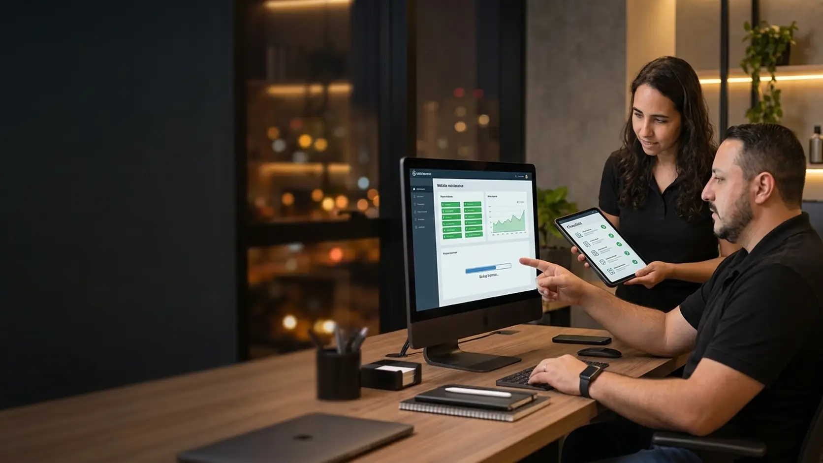 Léo acompanhando um painel de manutenção de site com indicadores e backup enquanto a Lari confere uma lista no tablet
