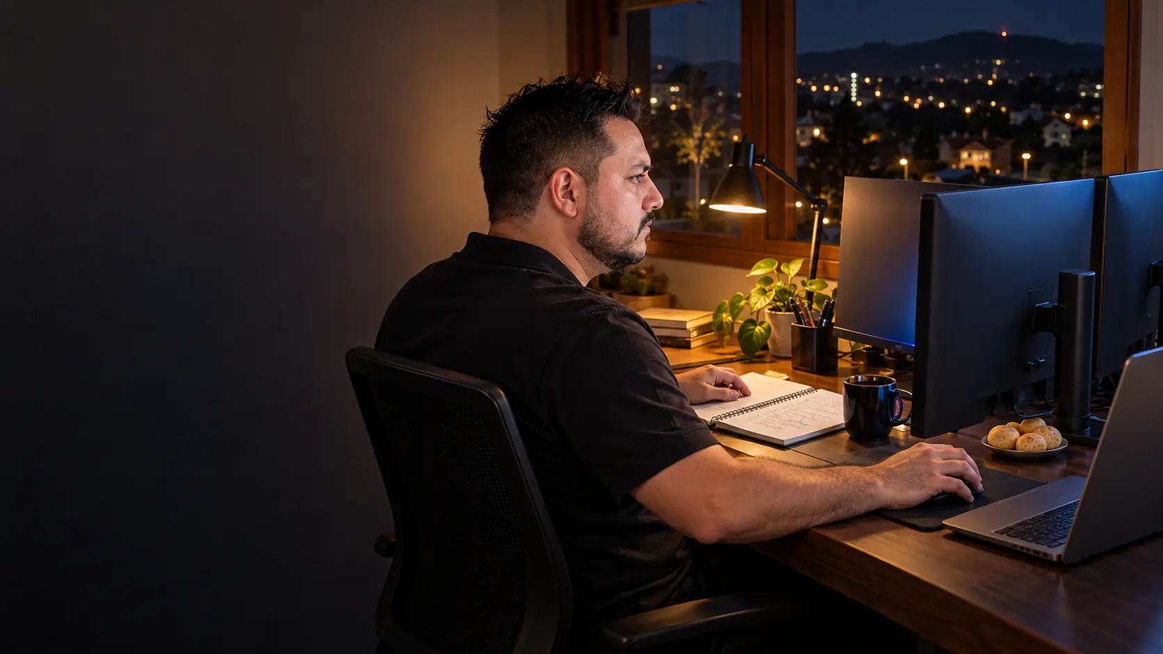 Léo trabalha à noite em dois monitores e um notebook, com caderno de checklist, café, pão de queijo e as luzes da cidade pela janela